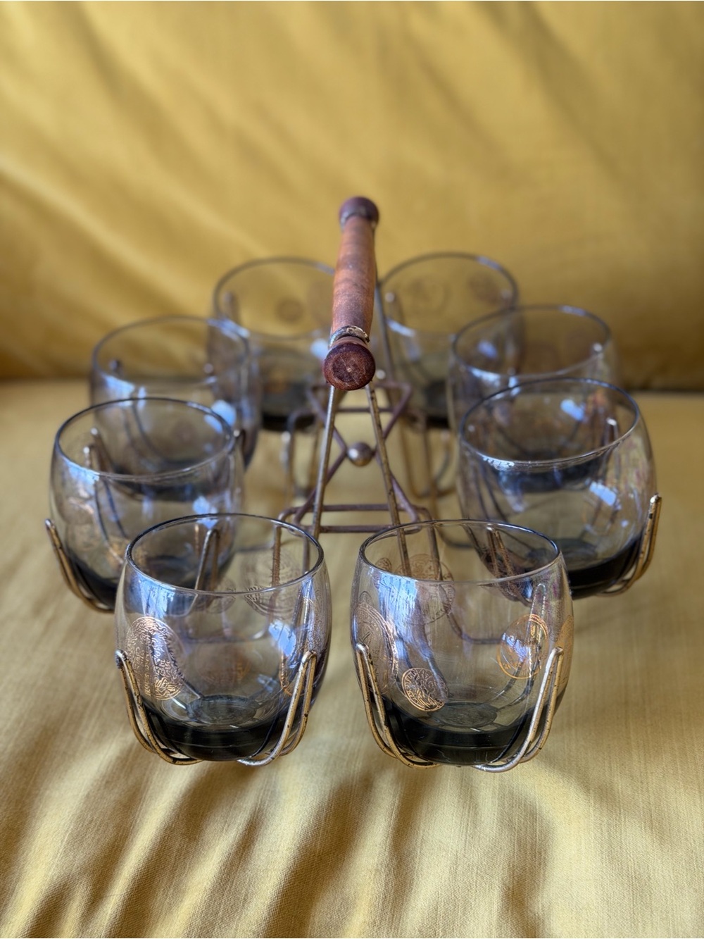 Vintage Smoke Glass Tumbler Set with Metal Carrier - Gray